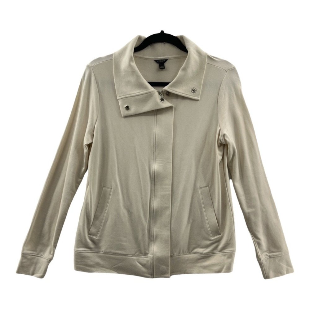 Ann Taylor Womens Jacket Coat Beige Zip Up Stretch Mock Neck Pockets M